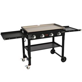 Commercial Griddle On Cart, 36' Heavy Duty Manual Flat Top Griddle, Outdoor Cooking Station With Side Shelves, Steel Natural Gas Griddle, 4-Burners R
