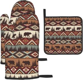 Vintage Rustic Oven Mitts and Pot Holders Sets of 3 Heat Resistant Hot Pads Bear Mountain Oven Gloves for Kitchen Cooking BBQ Baking