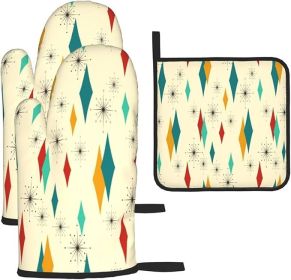 Mid Century Modern Oven Mitts and Pot Holders Set Heat Resistant Non Slip Set of 3 Retro Decor Kitchen Gloves Hot Pads for Cooking BBQ Baking Gri