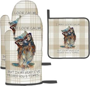 Funny Owl Oven Mitts and Pot Holders Sets of 3 Kitchen Hot Pads Cute Buffalo Plaid Oven Gloves Heat Resistant Washable for Cooking Grilling Bakin
