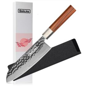 Qulajoy Nakiri Knife 7 Inch - Hammered Japanese Vegetable Knife 9cr18mov Mirror Polishing Hand Forged Blade Kitchen Knife - Olivewood Handle With She (Option: Santoku)
