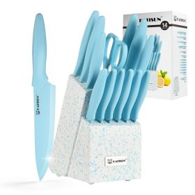 Kitchen Knife Set With Block, 14 Piece BLUE Non-Stick Paint Coating Stainless Steel Knives Set, Anti-Rust And Dishwasher Safe, 12 Knives With Kitchen (Option: blue)