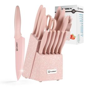 Kitchen Knife Set With Block, 14 Piece Pink Non-Stick Paint Coating Stainless Steel Knives Set, Anti-Rust And Dishwasher Safe, 12 Knives With Kitchen (Option: pink)