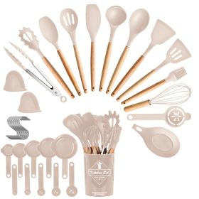 4 Colors Options -- Set Of 35Pcs Kitchen Cooking Utensils Set Spatula Set Baking Utensil Set Kitchen Accessories Necessities With Holder Egg Whisk Se (Option: Khaki)