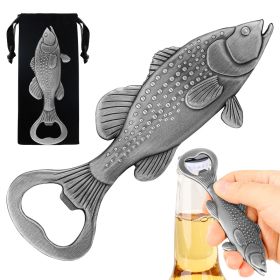 Creative Sea Bass Bottle Opener With Velvet Bag , Exclusive Gift For Fishing Enthusiasts, Bar Tool For Beer Enthusiasts, Ideal For Home And Bar Use, (Option: Dark Silver)