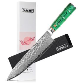 Qulajoy 8 Inch Japanese Chef Knife,67 Layers Damascus VG-10 Steel Core,Professional Hammered Kitchen Knife,Handcrafted With Ergonomic Bamboo Shape Ha (Option: Chef Knife Green)