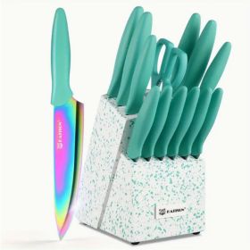 14-Piece Rainbow Colored High Carbon Stainless Steel Kitchen Knife Set, Titanium Coated Blade, Rust-Free & Super Sharp, Flatware Set With Wooden Stan (Option: green)