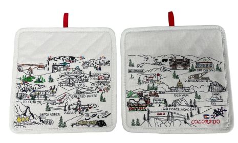 Embroidered Colorado Skyline Pot Holder Set (Color: White)