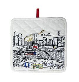 Embroidered Austin Skyline Pot Holder (Color: White)