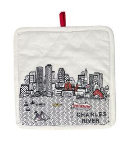 Embroidered Boston Skyline Pot Holder (Color: White)