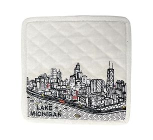 Embroidered Chicago Skyline Pot Holder (Color: White)