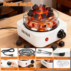1Pc Electric Charcoal Burner 500W Hookah Charcoal Burner Compact Coal Burner For Hooka Cubes Shisha With Grill And Tongs 5 Temperature Gears Thermost (Option: White)
