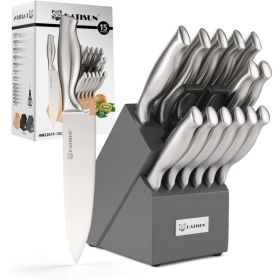 Kitchen Knife Set, 15 Pieces Knife Set With Block, Knives Set For Kitchen, Silver Hollow Ergonomic Handle For Chef Knife Set, Kitchen Shears,Black Kn (Option: Sliver)