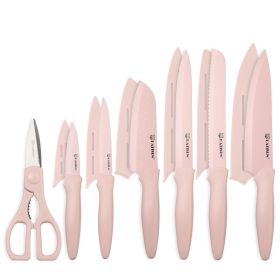 Kitchen Knife Set With Guards, 13 Piece Pink Non-Stick Boxed Knives Set, Anti-Rust And Dishwasher Safe, 6 Knives With 6 Blade Covers And Kitchen Shea (Option: pink)